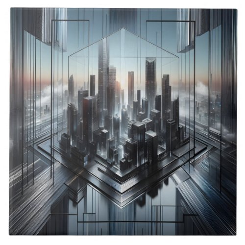 Contemporary Black Grey Metallic Futuristic City  Ceramic Tile