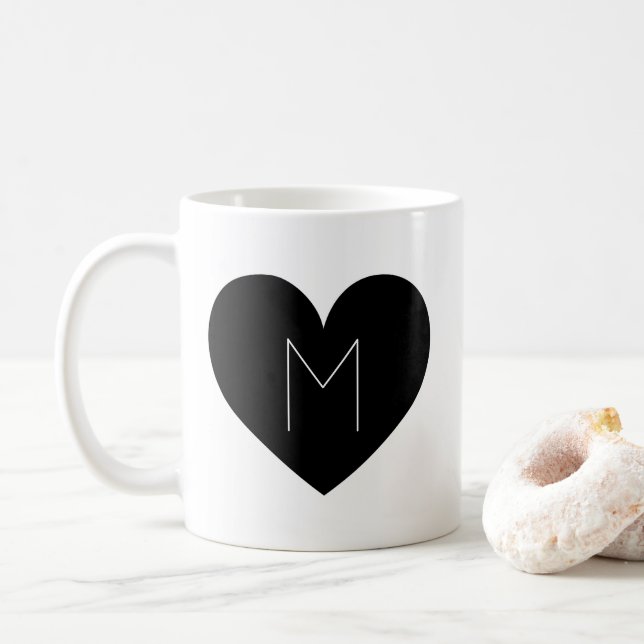Contemporary Black Heart Simple Monogram Mug (With Donut)
