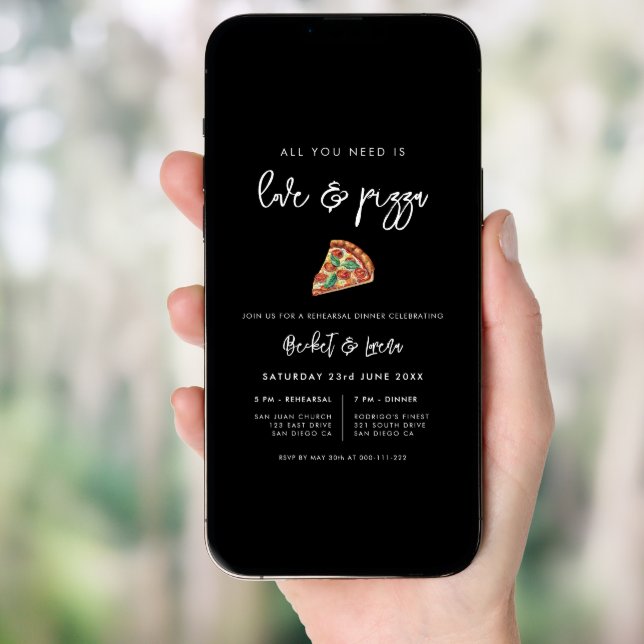 Contemporary black Love and Pizza Rehearsal dinner Invitation (Front Digital)