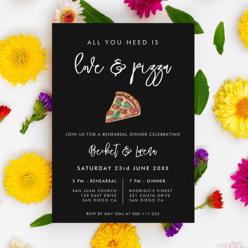 Contemporary black Love and Pizza Rehearsal dinner Invitation