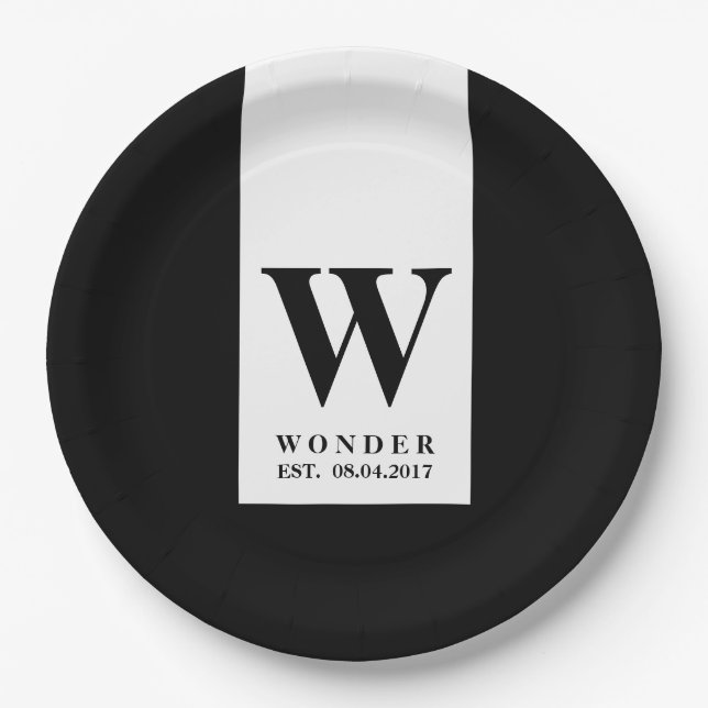Contemporary Black Monogram | Minimalist Wedding Paper Plates (Front)