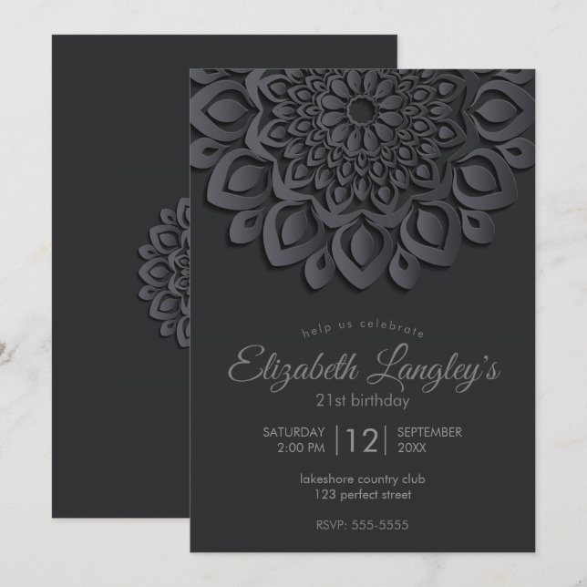 Contemporary Black Paper Cut Mandala Birthday Invitation (Front/Back)