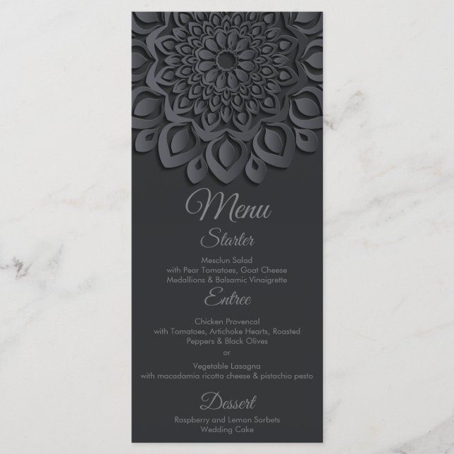 Contemporary Black Paper Cut Mandala Wedding Menu (Front)