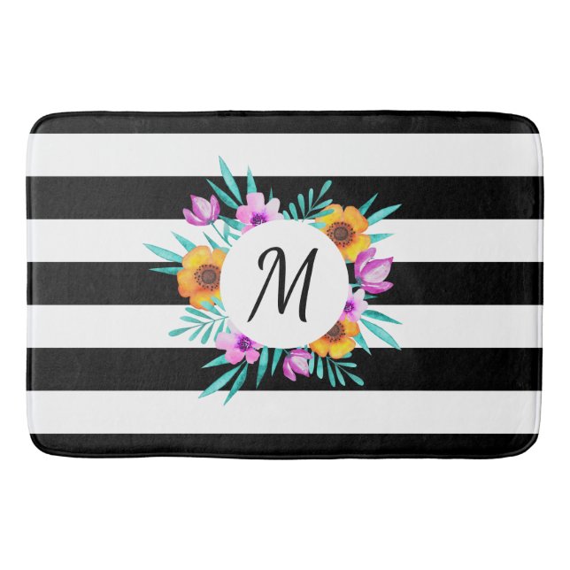 Contemporary Black Stripes Floral Monogram Bathroom Mat (Front)