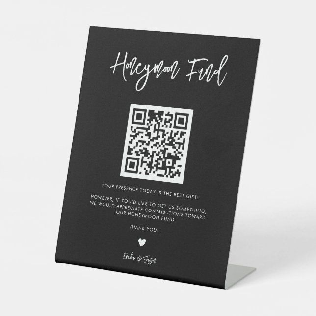 Contemporary black Wedding Honeymoon fund Pedestal Sign (Front)