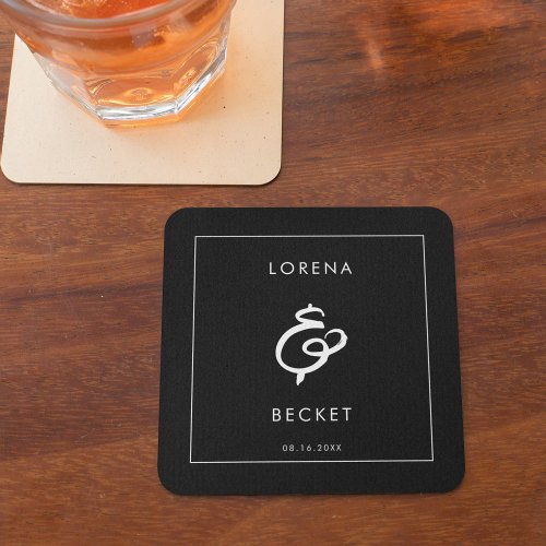 Contemporary black wedding square paper coaster