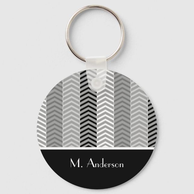 Contemporary Black White Chevron Stripes and Name Keychain (Front)