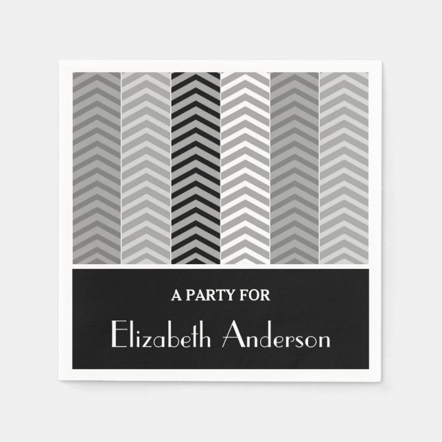 Contemporary Black White Chevron Stripes and Name Paper Napkins (Front)