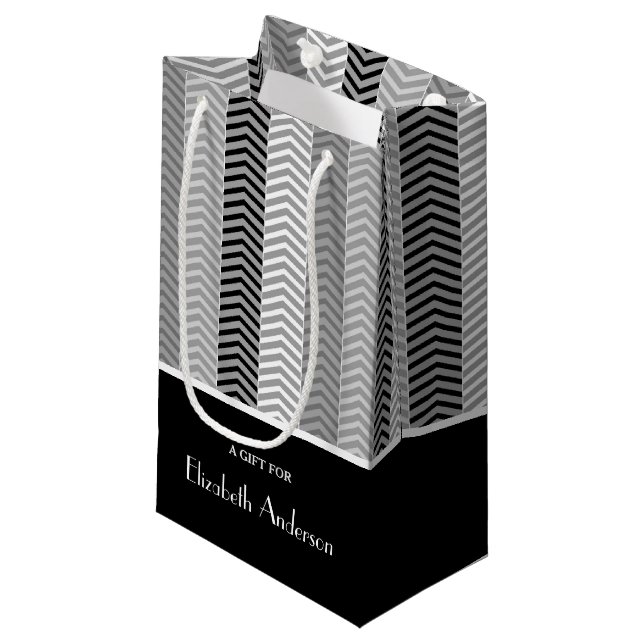Contemporary Black White Chevron Stripes and Name Small Gift Bag (Front Angled)