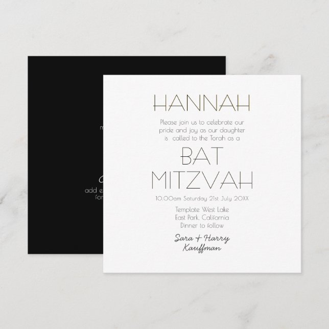 Contemporary Black White Gold BAT MITZVAH Classic Invitation (Front/Back)