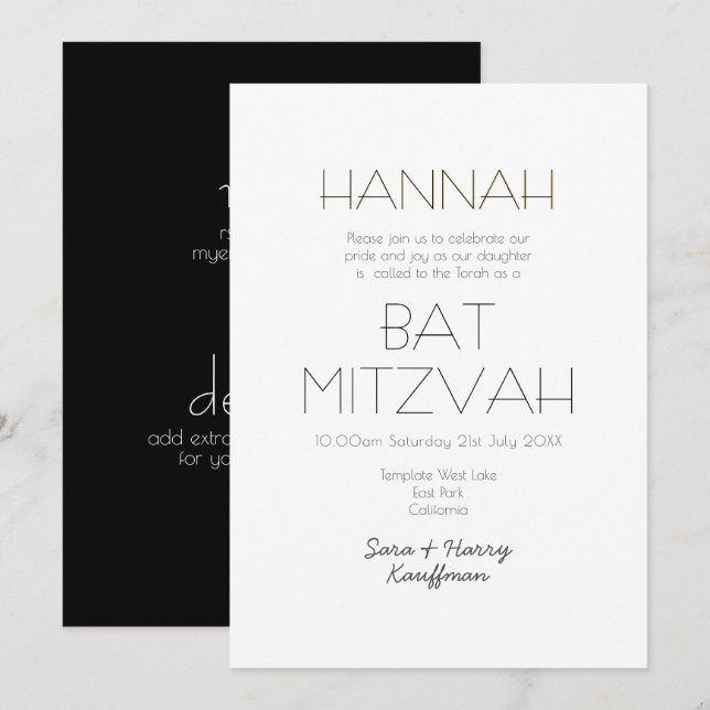 Contemporary Black White Gold BAT MITZVAH Classic Invitation (Front/Back)