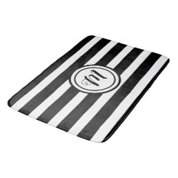 Contemporary Black White Stripe Monogram  Bath Mat