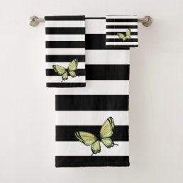 Contemporary Black White Stripes Butterfly  Bath Towel Set