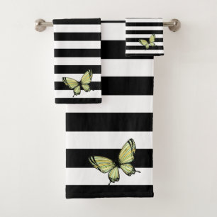 Contemporary Black White Stripes Butterfly Bath Towel Set