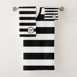 Contemporary Black White Stripes Monogram  Bath Towel Set