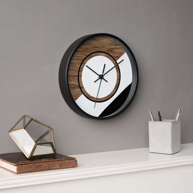 Contemporary Block Circle Stripes On Faux Wooden Clock (Office)