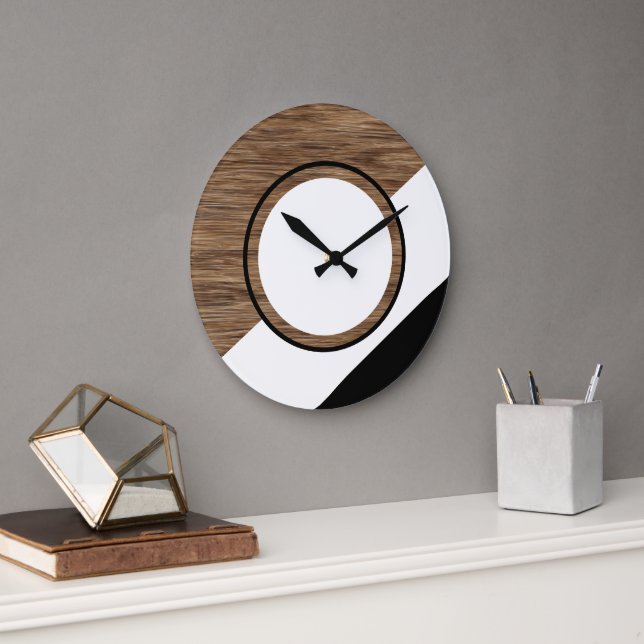 Contemporary Block Circle Stripes On Faux Wooden Large Clock (Office)