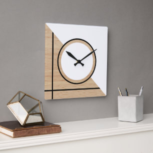 Contemporary Block Circle Stripes On Faux Wooden Square Wall Clock