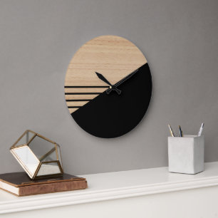 Contemporary Block Stripes Pattern On Faux Wooden Large Clock