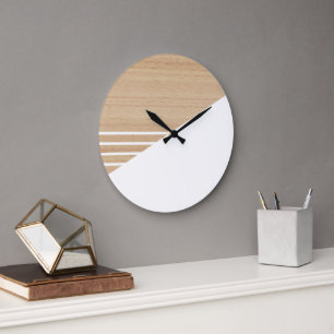 Contemporary Block Stripes Pattern On Faux Wooden Large Clock