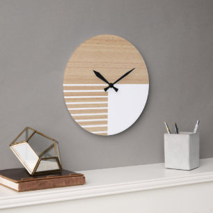 Contemporary Block Stripes Pattern On Faux Wooden Large Clock