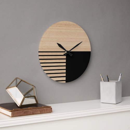 Contemporary Block Stripes Pattern On Faux Wooden Large Clock