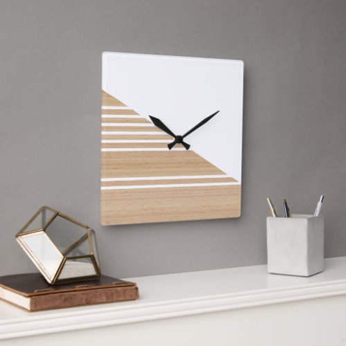 Contemporary Block Stripes Pattern On Faux Wooden Square Wall Clock