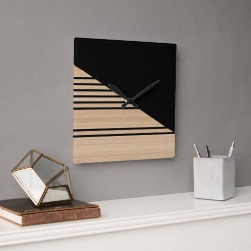 Contemporary Block Stripes Pattern On Faux Wooden Square Wall Clock
