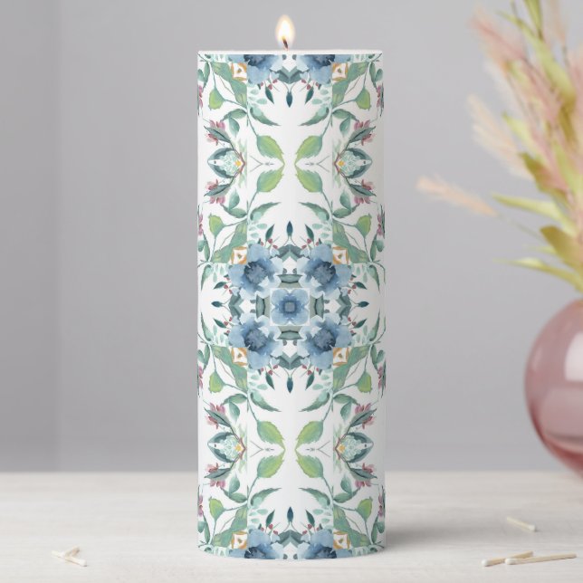 Contemporary Blue and Sage Floral Seamless Pillar Candle (In Situ)