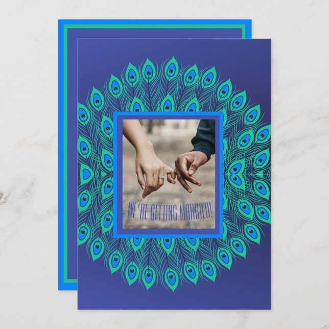 CONTEMPORARY BLUE & AQUA GREEN PEACOCK FEATHER INVITATION (Front/Back)