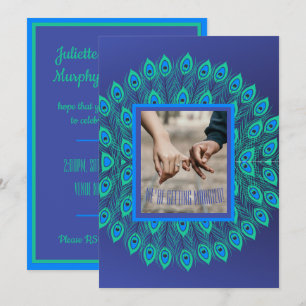 CONTEMPORARY BLUE & AQUA GREEN PEACOCK FEATHER INVITATION