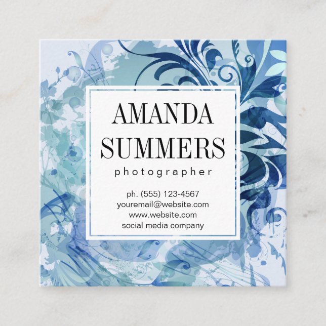 Contemporary Blue Artistic Square Business Card (Front)