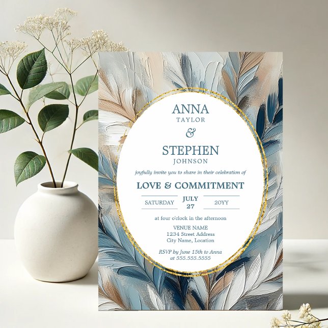 Contemporary Blue Elegance Commitment Ceremony Invitation (Contemporary Blue Elegance brushstroke invitation front in situ)