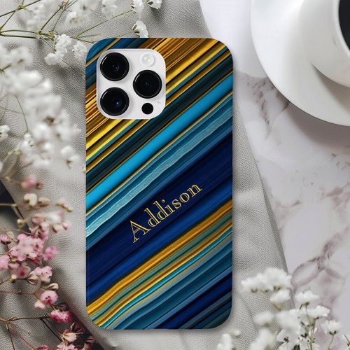 Contemporary BlueGold Abstract Stripes Case_Mate iPhone 14 Pro Max Case