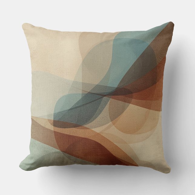 Contemporary Blue Rusty Brown Beige Abstract Print Throw Pillow (Front)