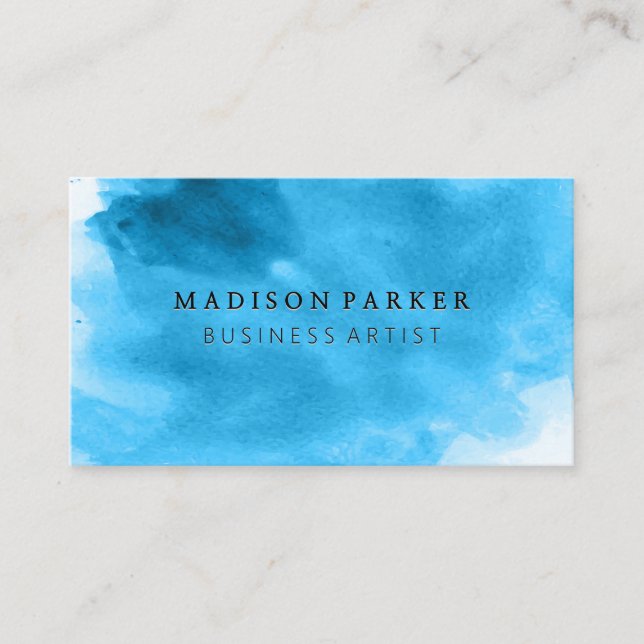 Contemporary Blue Watercolor Brushed Business Card (Front)