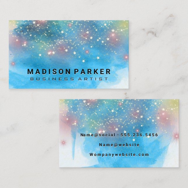 Contemporary Blue Watercolor | Star Gold Dust Business Card (Front/Back)