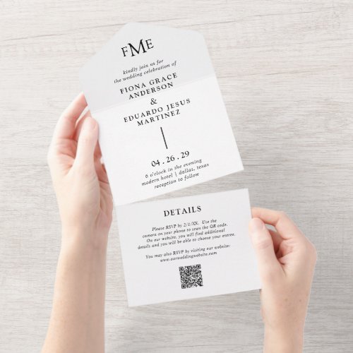Contemporary Bold Monogram QR Code Modern Wedding All In One Invitation