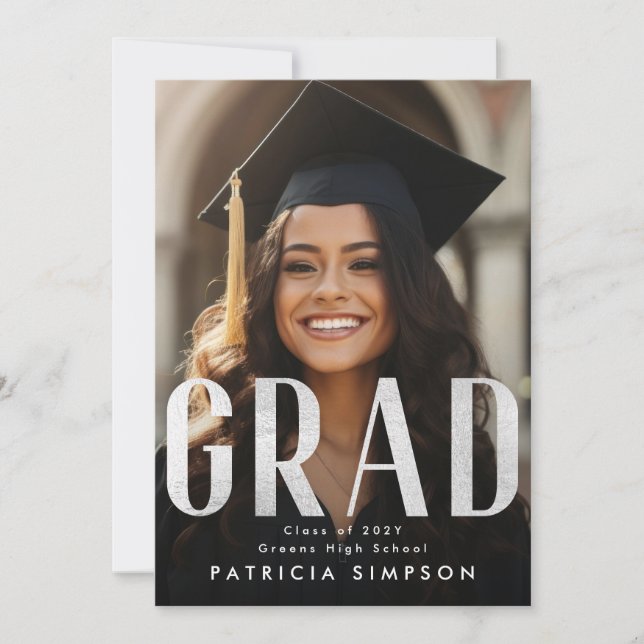 Contemporary Bold Silver Gray Foil GRAD Photo Announcement (Front)