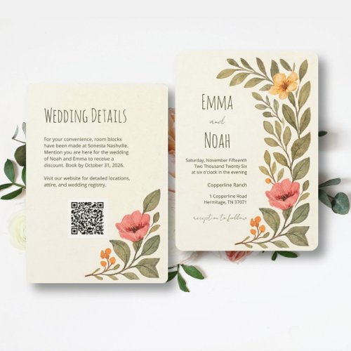 Contemporary Botanical QR Code Floral Wedding Invitation