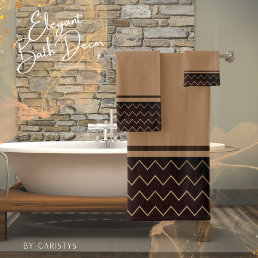 Contemporary Brown Tan with Geometric Trim  Bath Towel Set