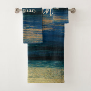 Contemporary brush strokes in green, blue and gold bath towel set