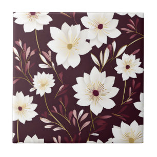 Contemporary Burgundy Floral Botanical Ceramic Tile
