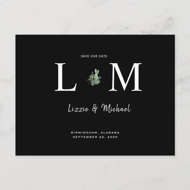 Contemporary Cactus Monogram Black Save Our Date Announcement Postcard (Front)