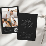 Contemporary Calligraphy Photo Collage QR Code  In Invitation<br><div class="desc">These contemporary wedding invitations offer a modern approach to a black and white invitation. The font is a bold hand-written style calligraphy. The back has a 3 photo collage,  a perfect way to showcase your amazing engagement photos and a QR Code.</div>