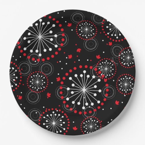 Contemporary Canada Day Fireworks and Maple Leaves Paper Plates