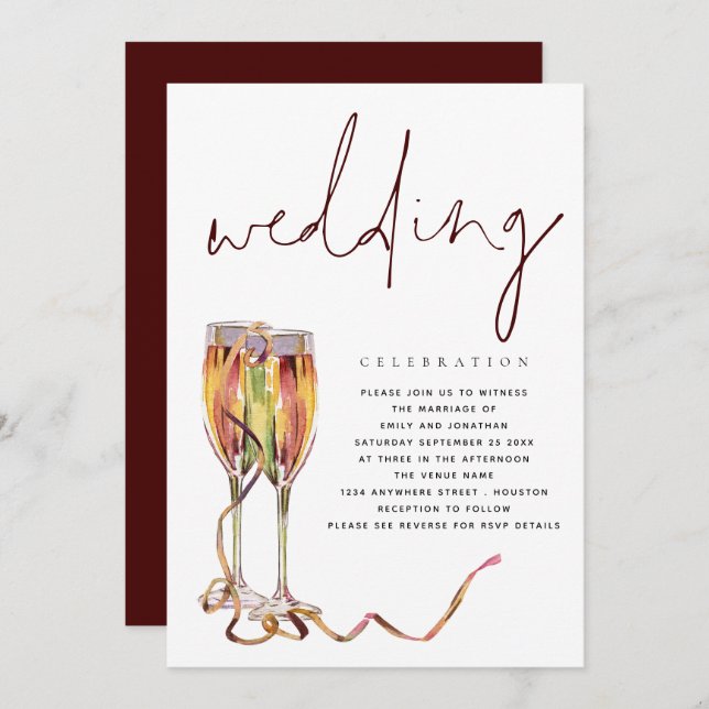 Contemporary Champagne Flutes Wedding  Invitation (Front/Back)