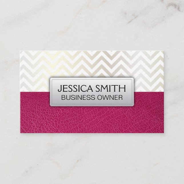 Contemporary Chevron Hot Pink Leather Texture Business Card (Front)