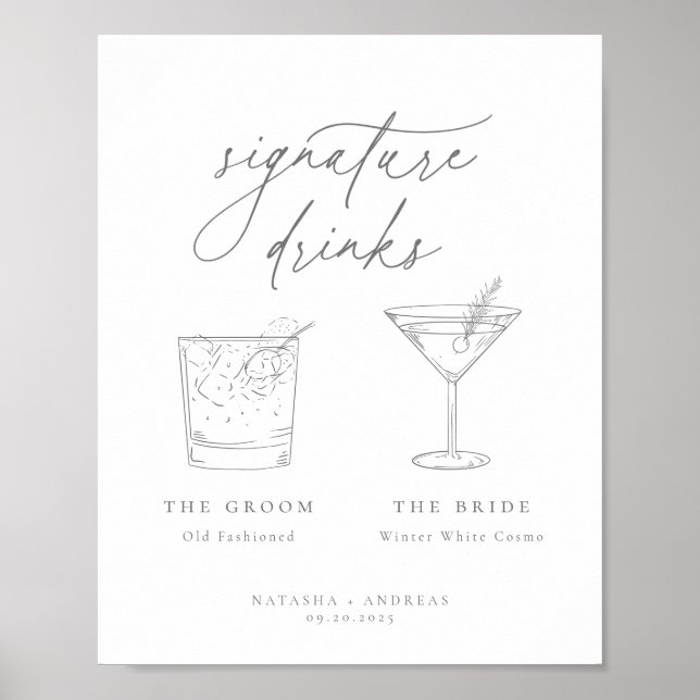 Contemporary Chic Gray Minimalist Signature Drinks Poster (Front)