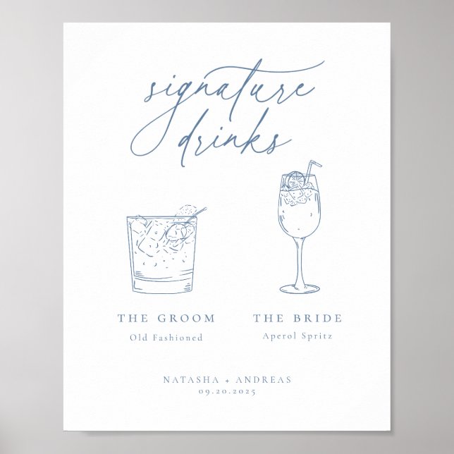 Contemporary Chic Minimalist Blue Signature Drinks Poster (Front)